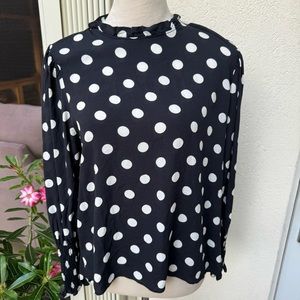 ZARA-WOMAN. Black and White Polka Dot Blouse. Long sleeves. Smock work o…